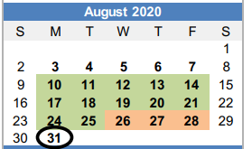 District School Academic Calendar for Woodland El for August 2020