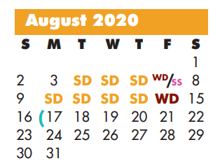 District School Academic Calendar for Sam Houston Elementary for August 2020