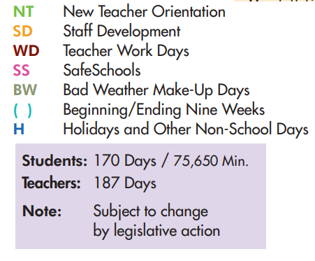 District School Academic Calendar Legend for Bowie Elementary