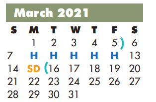 District School Academic Calendar for P A S S Learning Ctr for March 2021