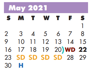 District School Academic Calendar for So Grand Prairie H S for May 2021