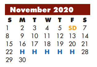 District School Academic Calendar for Milam Elementary for November 2020