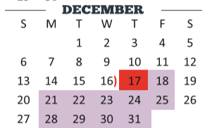 District School Academic Calendar for Cameron Co J J A E P for December 2020