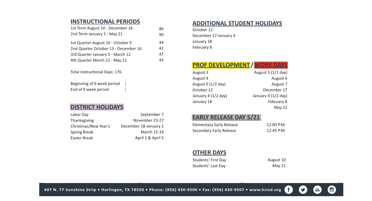 District School Academic Calendar Key for Harlingen High School