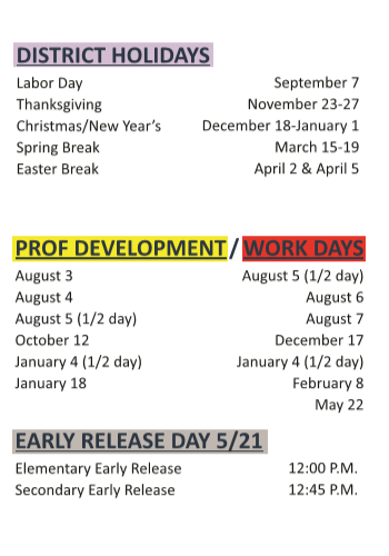 District School Academic Calendar Legend for Moises Vela Middle School
