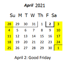 District School Academic Calendar for Admiral Chester W. Nimitz Elementary School for April 2021