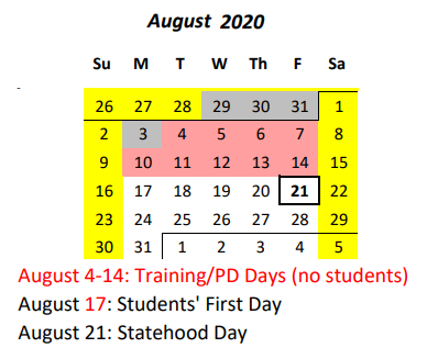 District School Academic Calendar for Aikahi Elementary School for August 2020