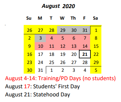 District School Academic Calendar for Niu Valley Middle School for August 2020