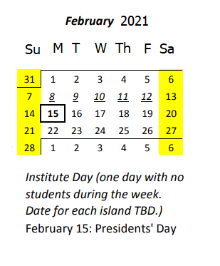 District School Academic Calendar for Hawaii Center For The Deaf And Blind for February 2021