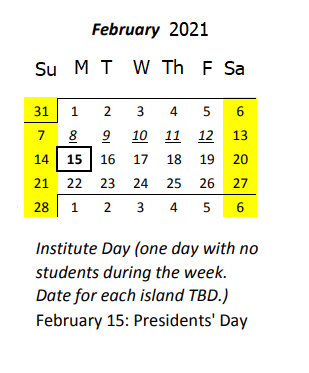 District School Academic Calendar for Palolo Elementary School for February 2021