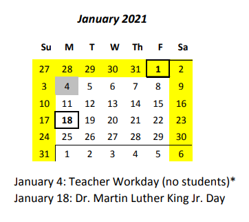 District School Academic Calendar for Wahiawa Middle School for January 2021