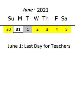 District School Academic Calendar for Kaala Elementary School for June 2021