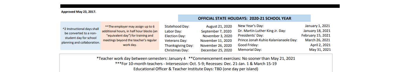 District School Academic Calendar Key for Haaheo Elementary School
