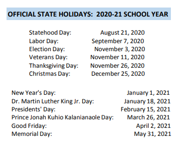 District School Academic Calendar Legend for Waianae High School