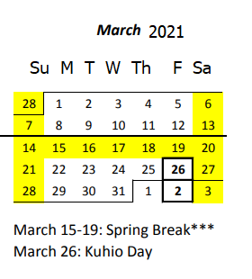 District School Academic Calendar for Koko Head Elementary School for March 2021