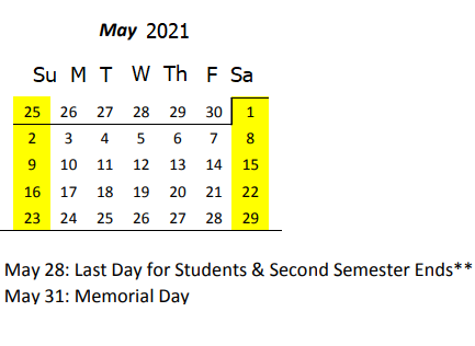 District School Academic Calendar for Ke Kula O Ehunuikaimalino for May 2021