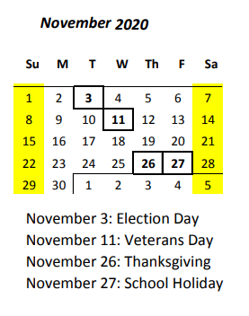 District School Academic Calendar for Pearl Harbor Elementary School for November 2020