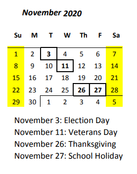 District School Academic Calendar for Major Sheldon Wheeler Middle School for November 2020