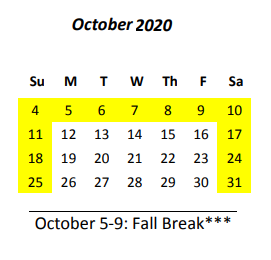 District School Academic Calendar for Honowai Elementary School for October 2020