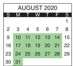 District School Academic Calendar for Moton Elementary School for August 2020