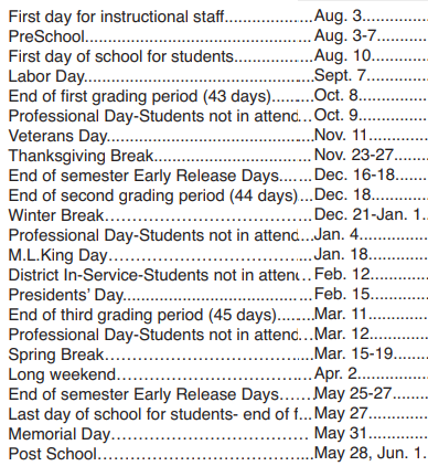 District School Academic Calendar Legend for Powell Middle School