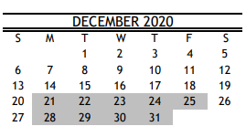 District School Academic Calendar for Wharton Elementary for December 2020