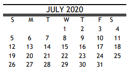 District School Academic Calendar for Grimes Elementary for July 2020