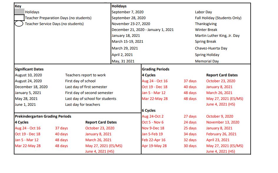 District School Academic Calendar Key for School At Post Oak