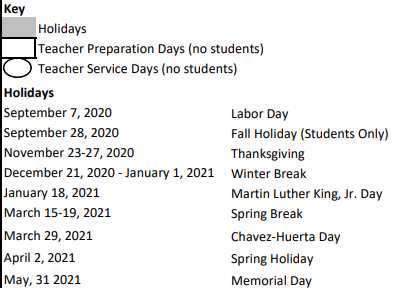 District School Academic Calendar Legend for Eliot Elementary