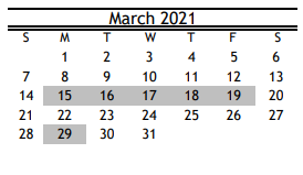 District School Academic Calendar for Wharton Elementary for March 2021