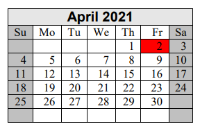 District School Academic Calendar for Excel Academy for April 2021