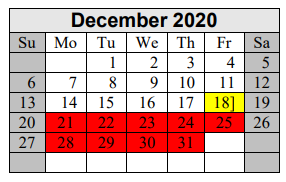 District School Academic Calendar for Excel Academy for December 2020