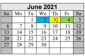 District School Academic Calendar for Excel Academy for June 2021