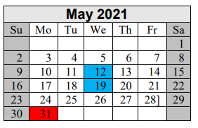 District School Academic Calendar for Huffman Middle for May 2021