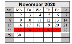 District School Academic Calendar for Hargrave H S for November 2020