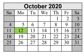 District School Academic Calendar for Excel Academy for October 2020