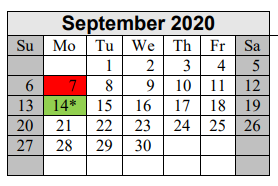 District School Academic Calendar for Excel Academy for September 2020