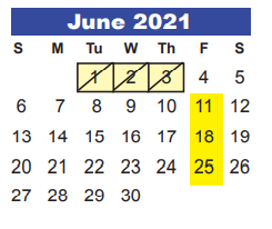 District School Academic Calendar for Hidden Hollow Elementary for June 2021