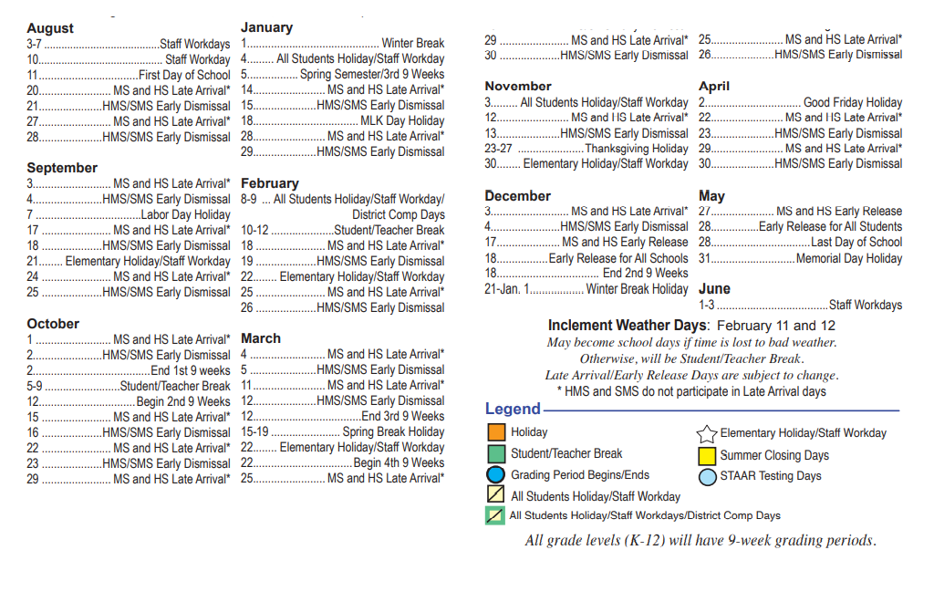 District School Academic Calendar Key for Humble High School