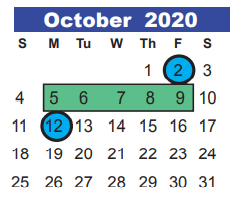 District School Academic Calendar for Timberwood Middle for October 2020