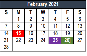 District School Academic Calendar for Harwood J H for February 2021