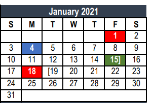 District School Academic Calendar for Shady Brook Elementary for January 2021