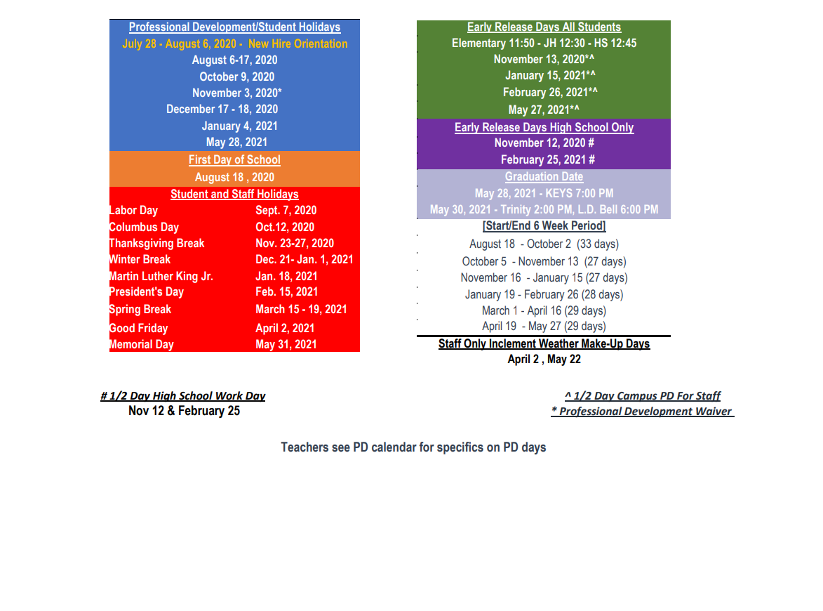 District School Academic Calendar Key for Central J H