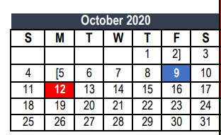 District School Academic Calendar for Transition Program for October 2020