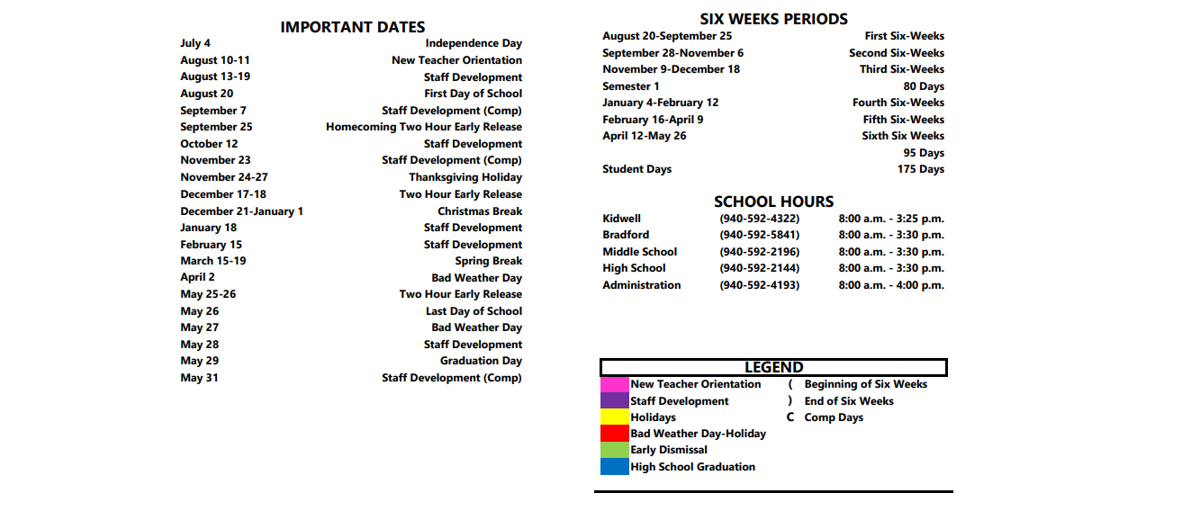 District School Academic Calendar Key for Iowa Park High School