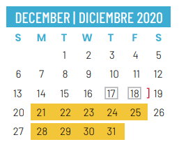 District School Academic Calendar for Union Bower Center For Learning for December 2020