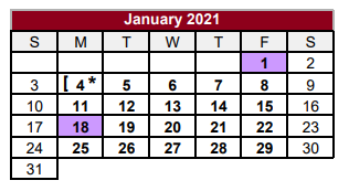 District School Academic Calendar for J H Rowe Intermediate for January 2021