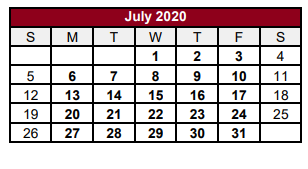 District School Academic Calendar for Jasper H S for July 2020