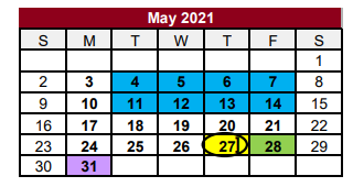 District School Academic Calendar for Jasper Junior High for May 2021