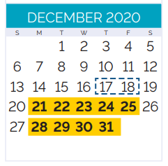 District School Academic Calendar for Live Oak Manor Elementary School for December 2020
